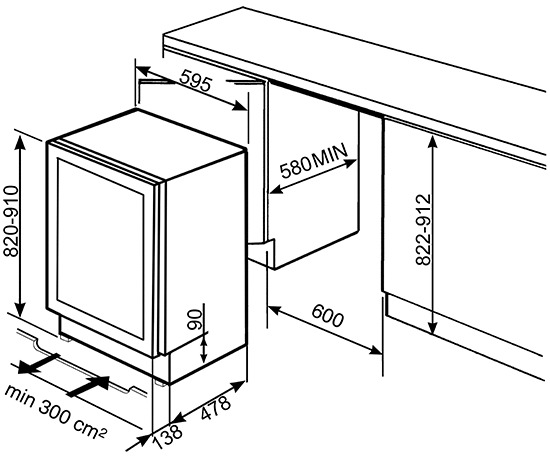 Схема встраивания Винный шкаф Smeg CVI338RX3