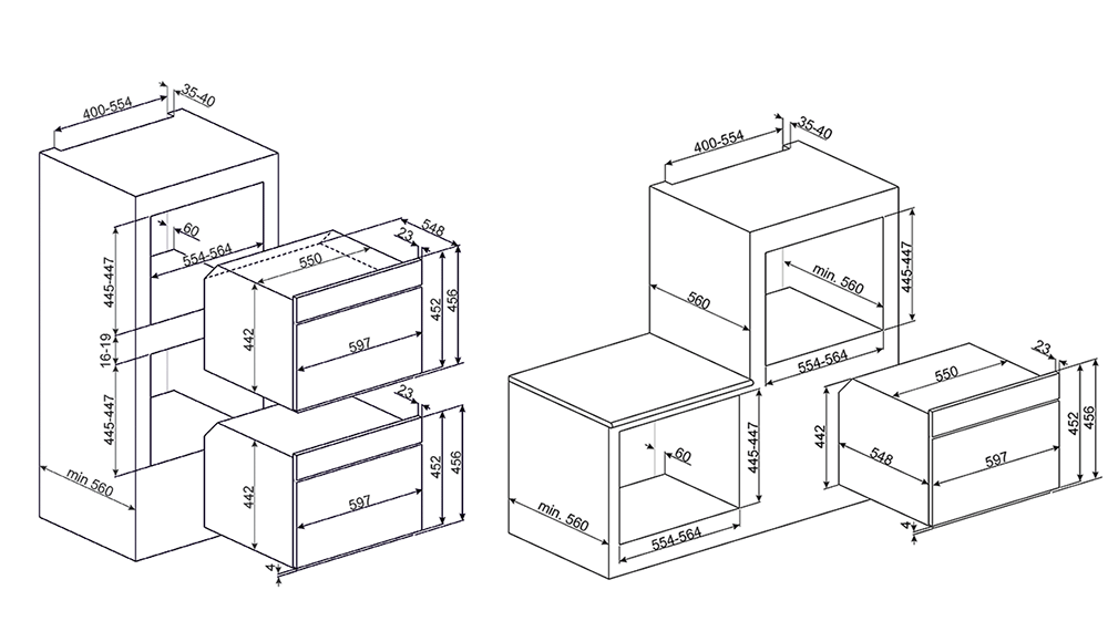 Схема встраивания Духовой шкаф с паром Smeg SF4102VCS